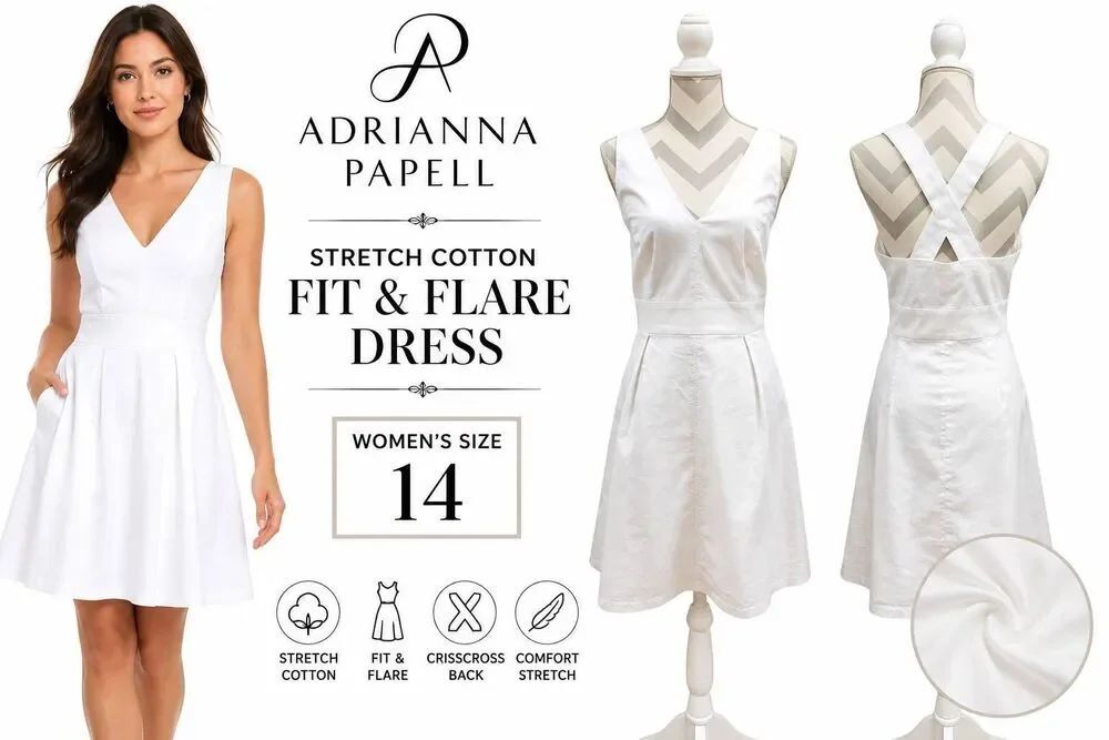 Adrianna Papell White Stretch Cotton Fit & Flare Dress Women's US 14 NWT